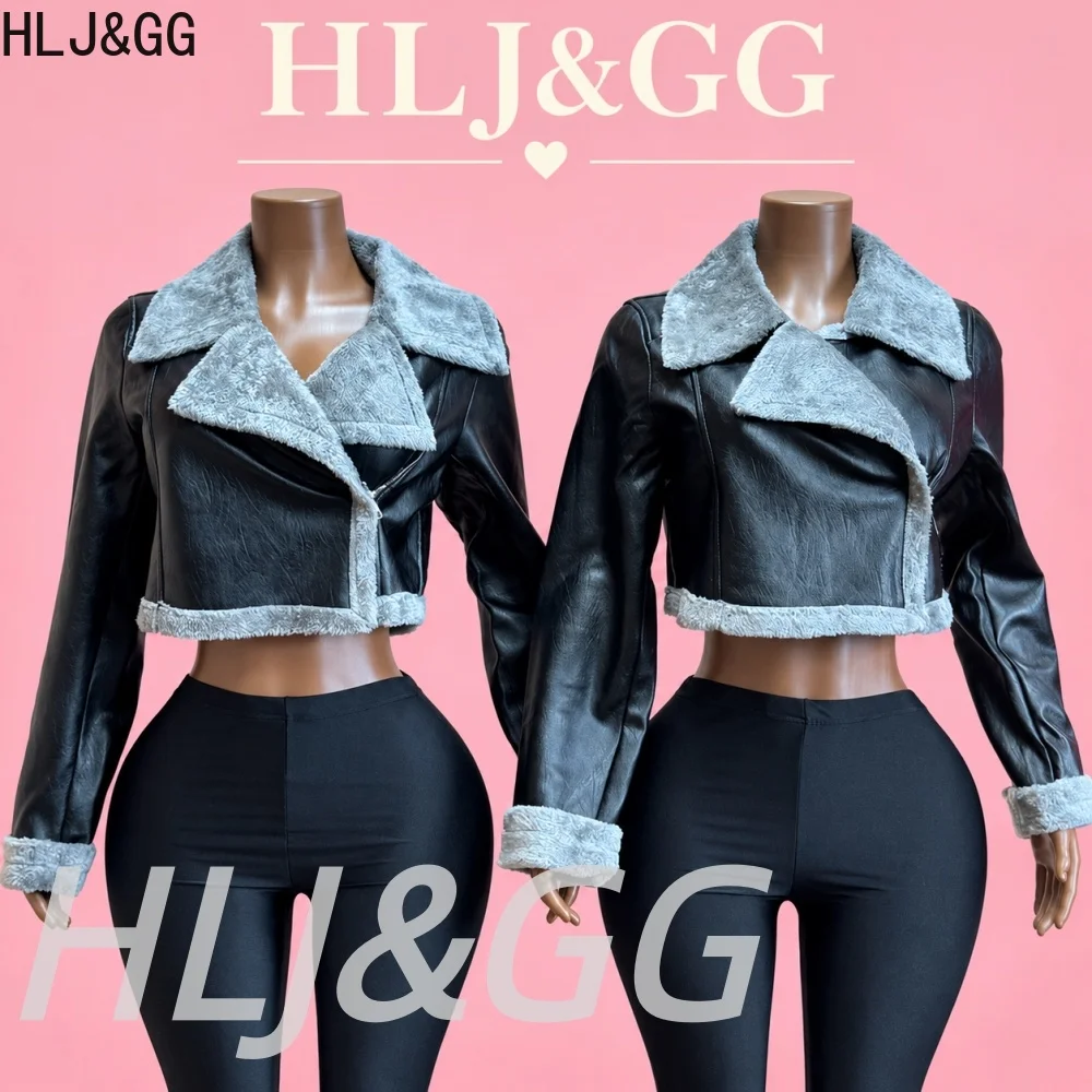 HLJ&GG Women Faux Leather Shearling Jacket fashion Fleece Lined Faux Fur Collar Cropped Moto Jackets Winter Streetwear Coats