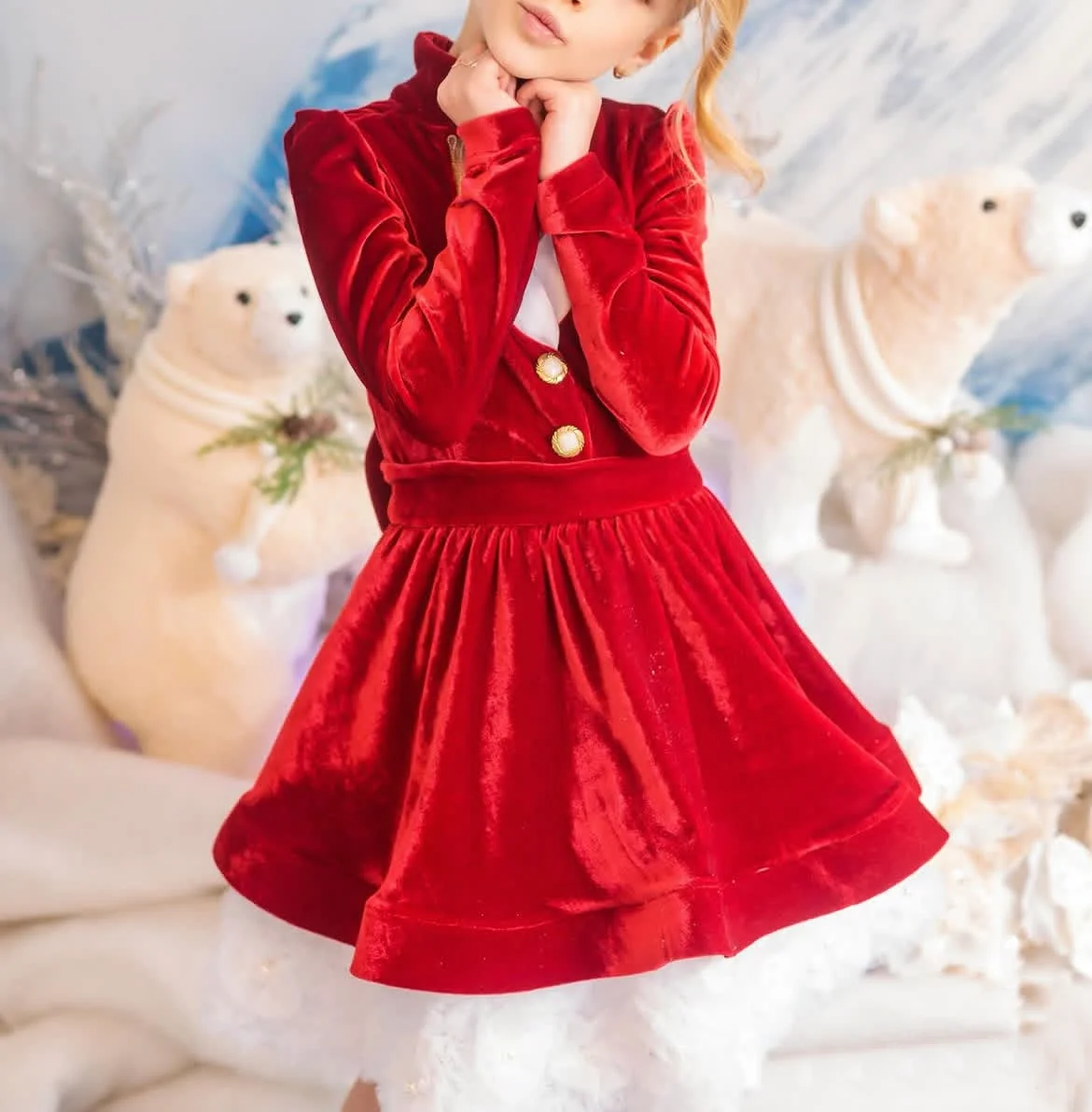 Winter Baby Girl Red Velvet Stand Collar Long Sleeve Dress for Christmas New Year Holiday Birthday Party  Photography C405