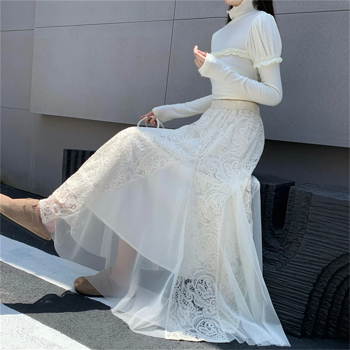 Elegant Tulle and Lace-Paneled Fishtail Skirt For Women Chinese Qipao Underskirt Layering Petticoat Autumn Winter New