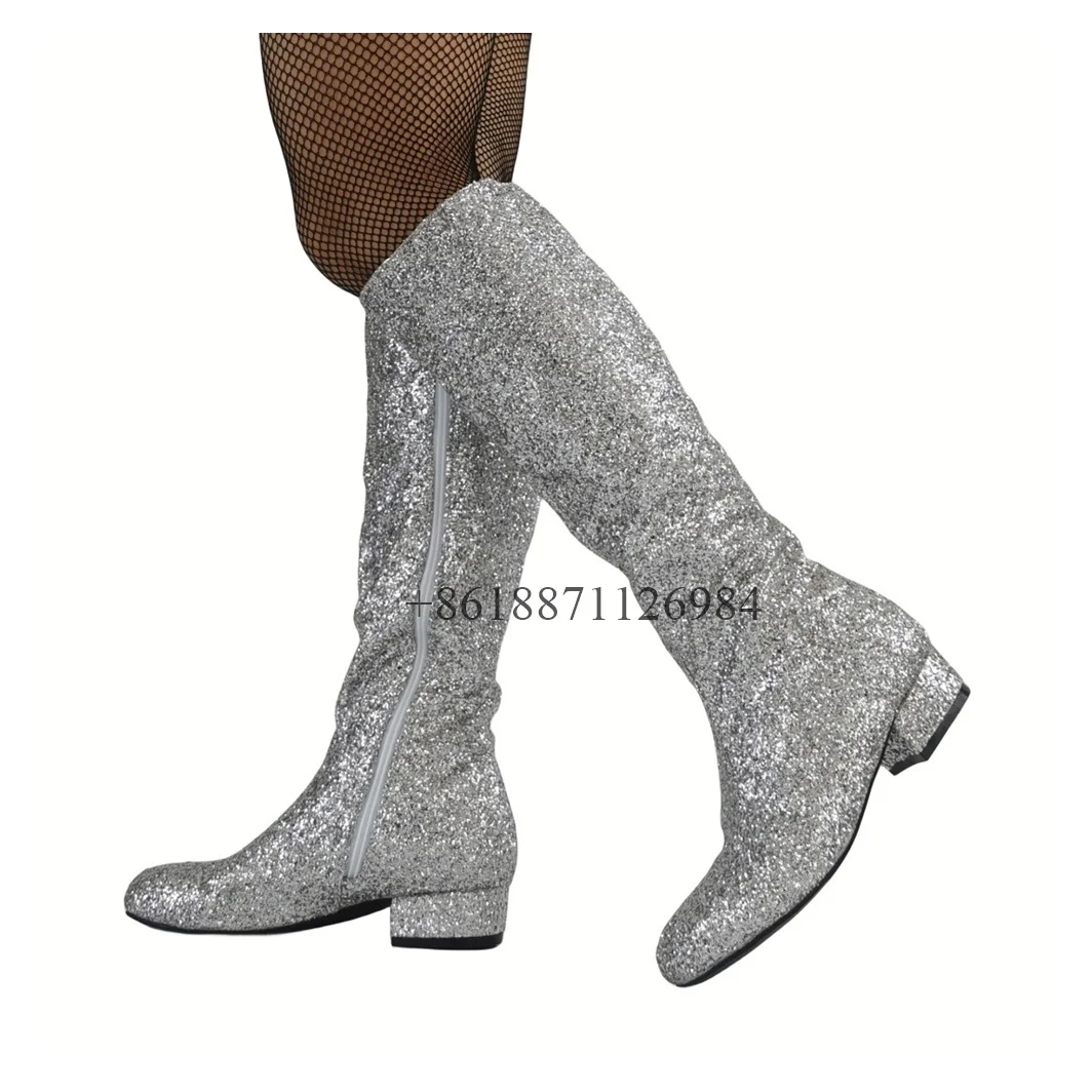 

Sexy Style Bling rhinestone Round Toe Knee High Women Boots Chunky Low Heels Side Zipper Design Large Size Handmade Shoes