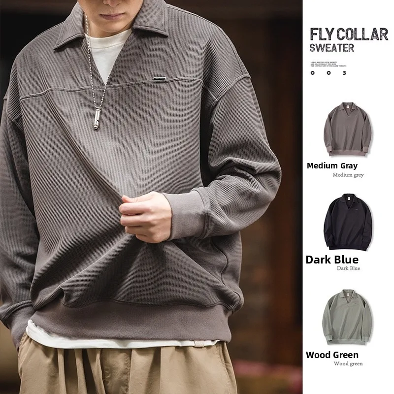 

Фланелевая толстовка Maden в американском ретро-стиле с V-образным вырезом, свободного кроя, для весны и осени, повседневная, однотонная, с отложным воротником