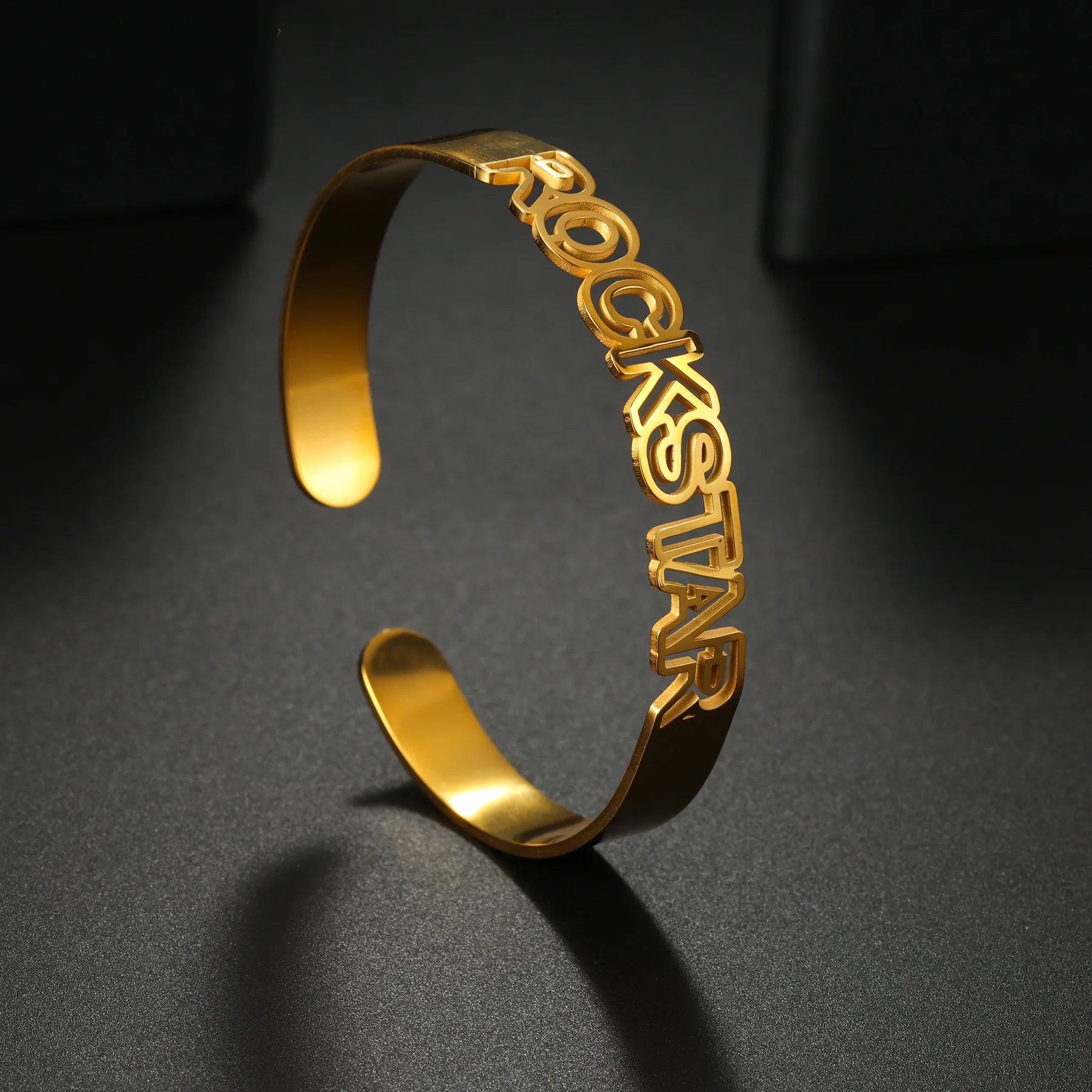 Diamon Customized Hollow Name Ring Bangle Set Stainless Steel Back Open Adjustable Gold Jewelry Cuff Bracelet for Women Gift view 4