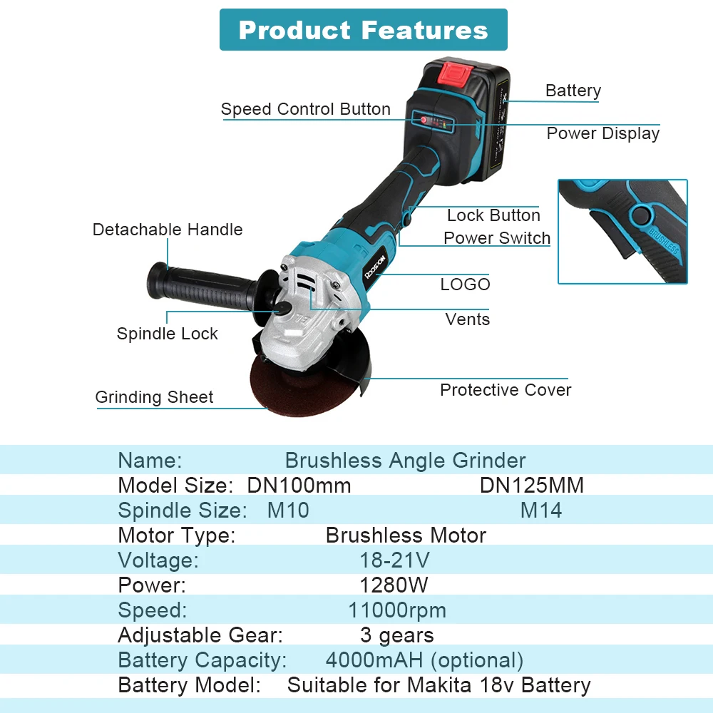 Brushless Electric Angle Grinder 100/125mm 3 Gear for Makita 18v Battery Grinding Cutting Polishing Machine Woodworking Tools