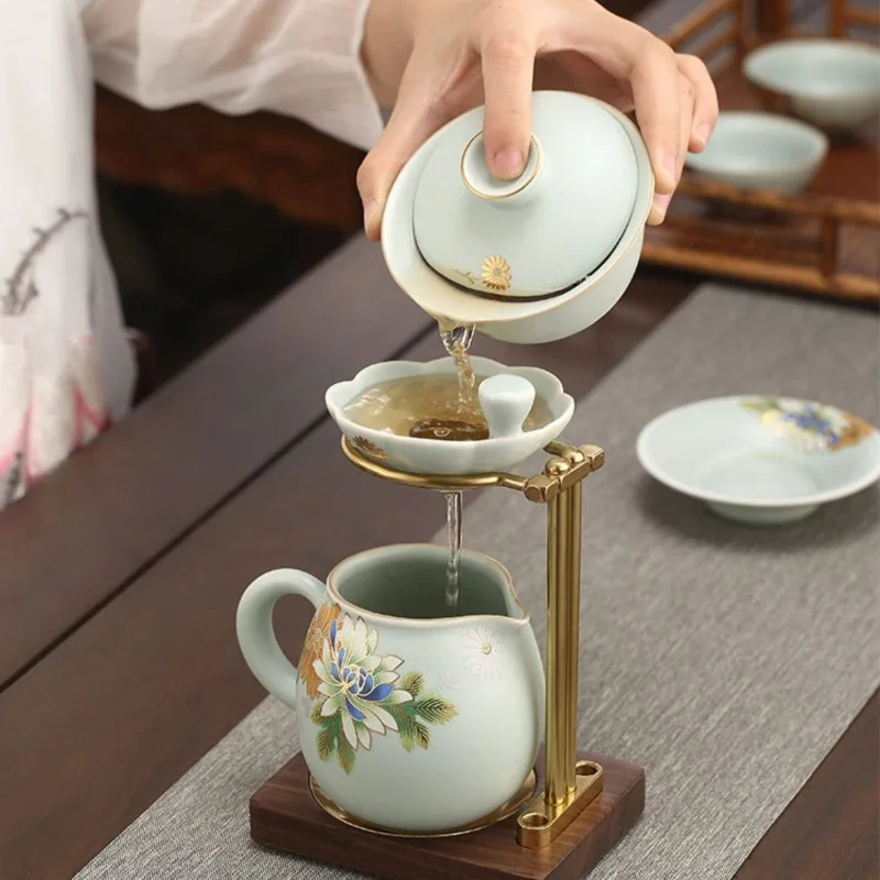 Chinese Style Copper & Wood Tea Filter Stand All-in-One Gongfu Tea Brewing Holder with Stable Base Tea Set Accessories