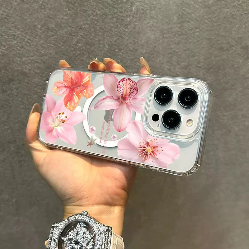 جديد زهرة الكركديه الأزهار بسيطة Magsafe شاحن لاسلكي جراب هاتف آيفون 16 15 14 13 12 11 برو ماكس زائد غطاء صغير 16E