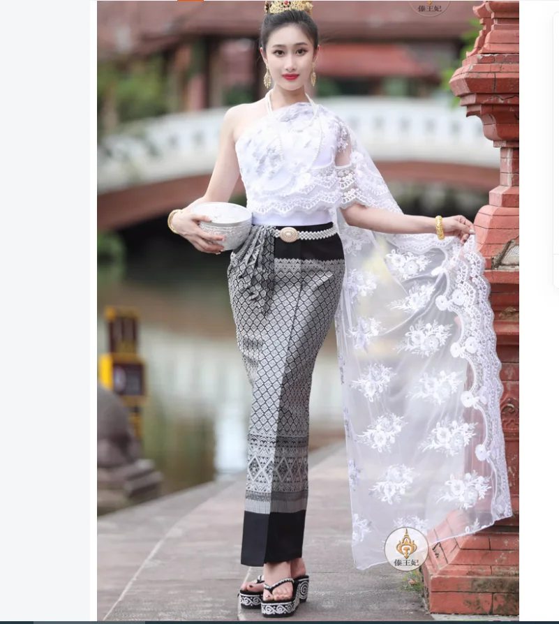 

Thai clothing women's slanted shoulder skirt draped with gauze three piece set summer hotel welcome workwear