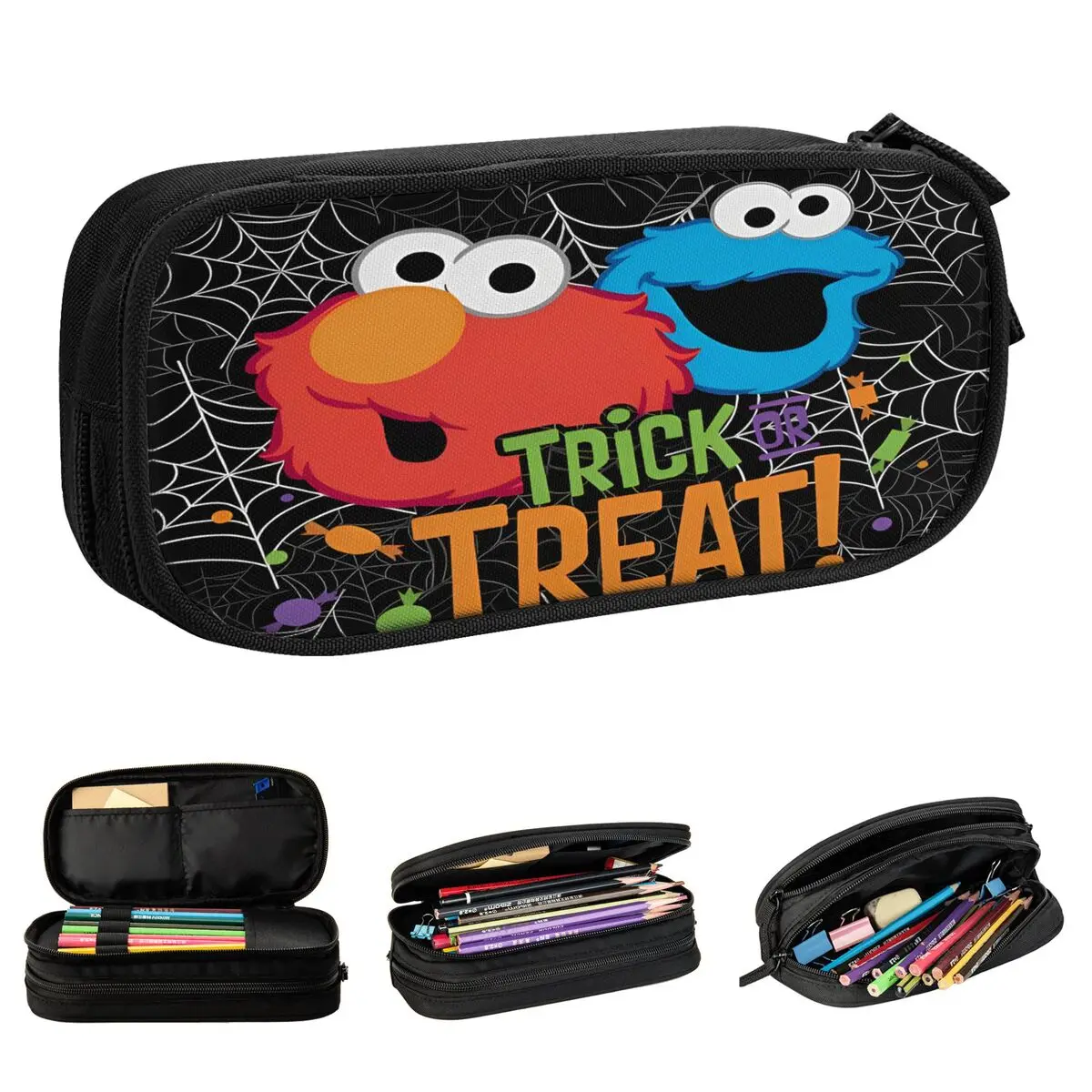 S-Sesame Street Trick Or Treat Pencil Case Cartoon Comedy Pen Holder Bags Student Big Capacity School Supplies Gift Pencil Pouch