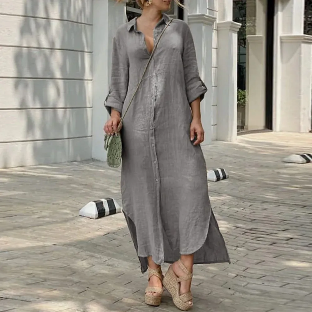 Spring/Summer Women\'s L-5XL Plus Size Oversized Cotton and Linen Long Sleeved Loose Fitting Dress Solid Color Lapel Button Loose