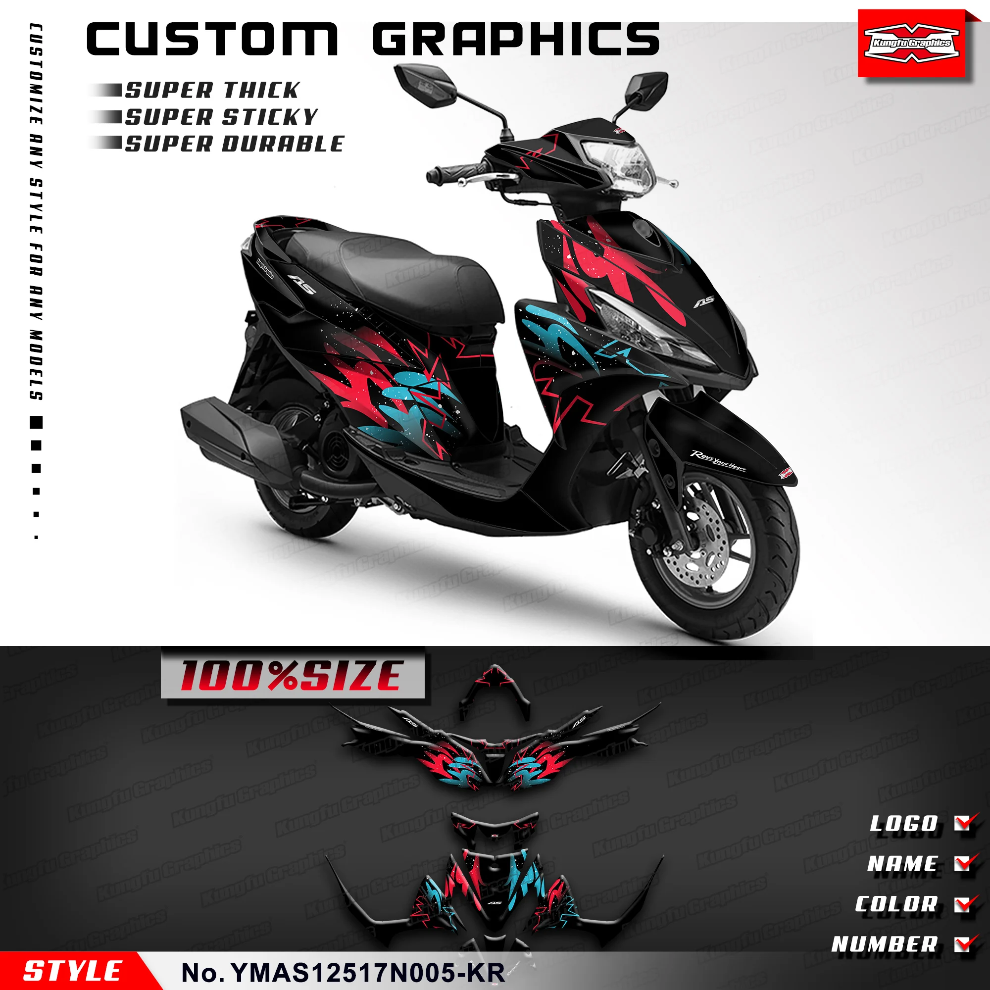 KUNGFU GRAPHICS Graphics Kit Vinyl Wrap for Yamaha AS125 AS 125 2017 2018 2019 2020 2021,Customised, YMAS12517N005-KR