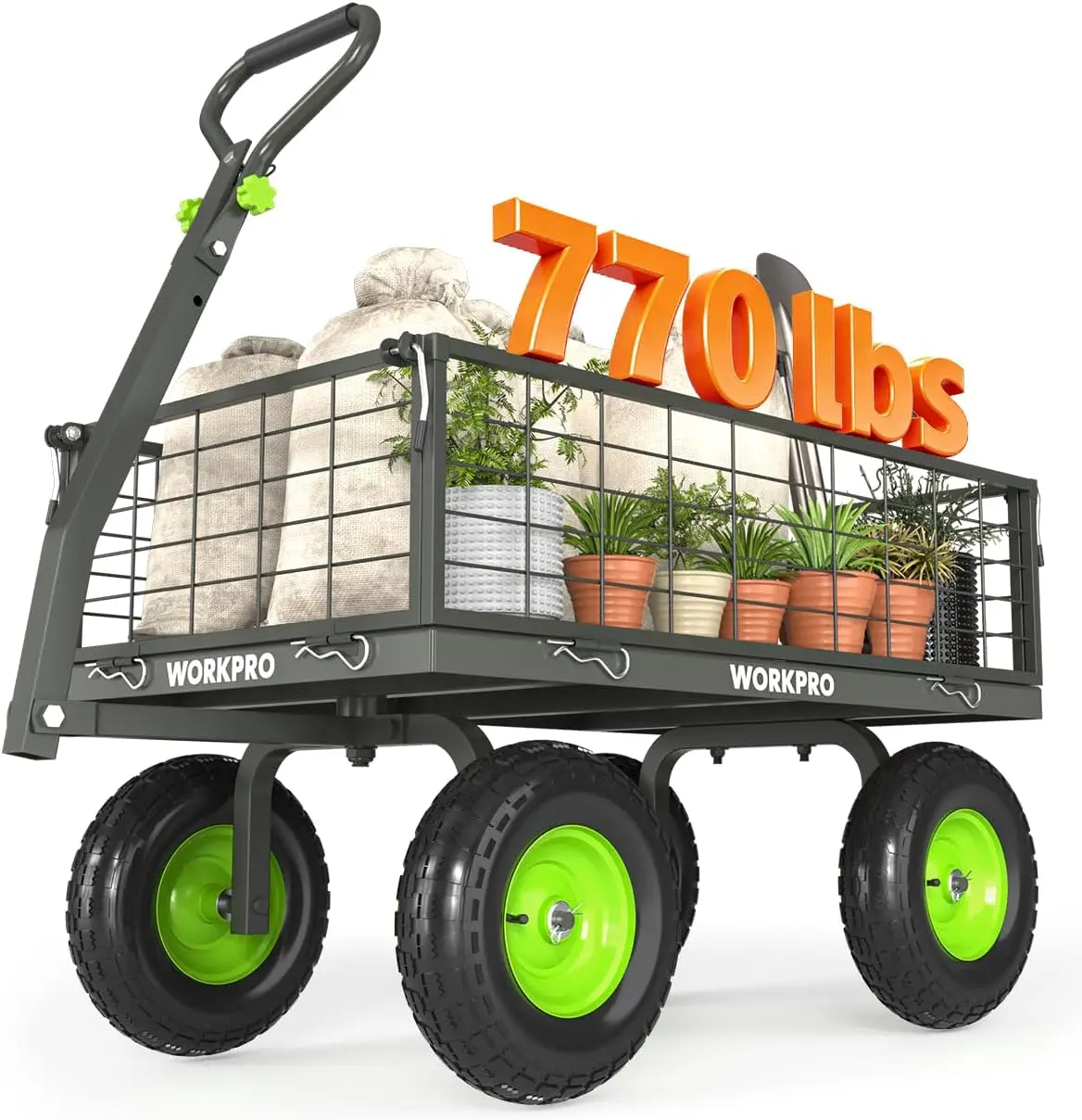 Large Heavy Duty Garden Cart 770 lb, 2-in-1 Convertible Utility Wagon with Removable Sides, 180° Tow Handle for ATV or Lawn Trac