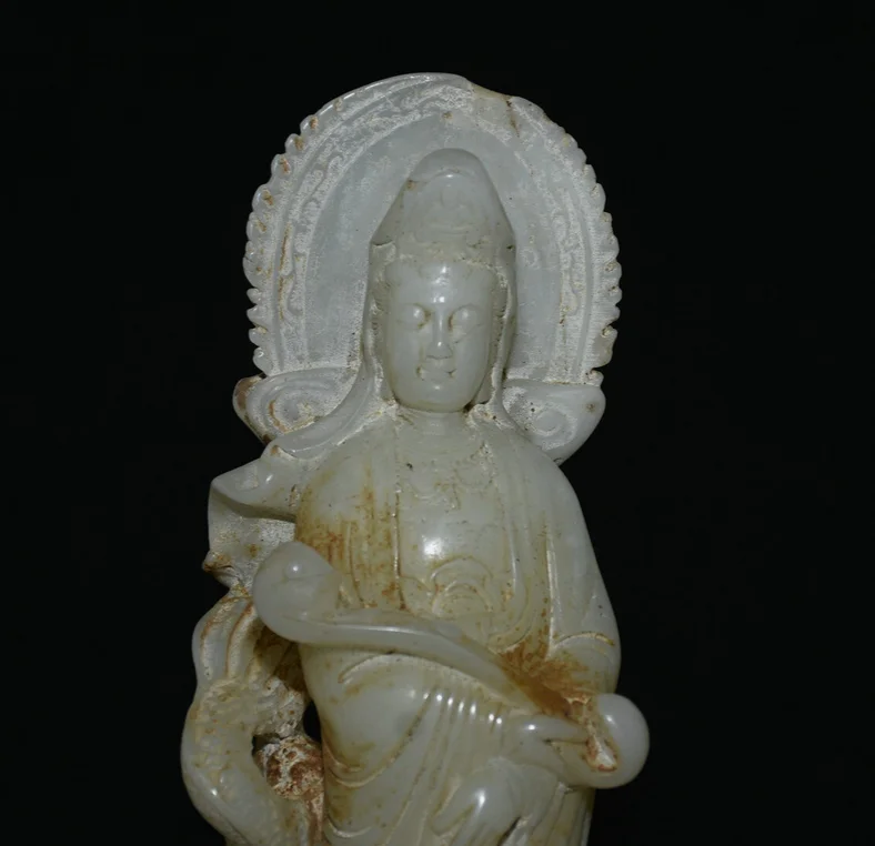 8.8” Old Chinese White Jade Carving FengShui Kwan-yin Goddess Dragon Statue