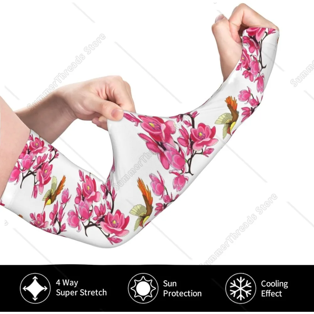 Mangas de brazo de colibrí de Magnolia rosa para hombres y mujeres: mangas de brazo deportivas de protección solar refrescante para cubrir los brazos