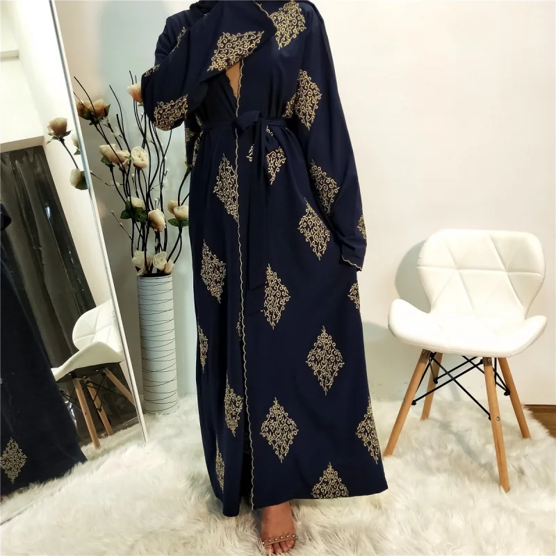 Mode Neue Muslimische frauen Tragen Gold Linie Positionierung Maschine Stickerei Strickjacke Dubai Robe Kimono Abaya