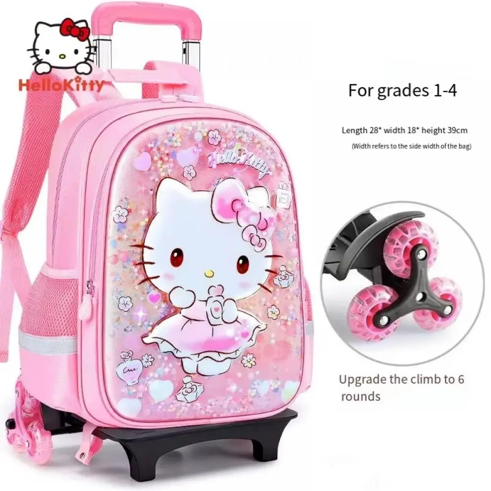 Mochila escolar para niños Sanrios Anime Hello Kitty Trolley Bag Kuromi mochila para estudiantes con ruedas ahorrar esfuerzo regalo duradero de alta capacidad