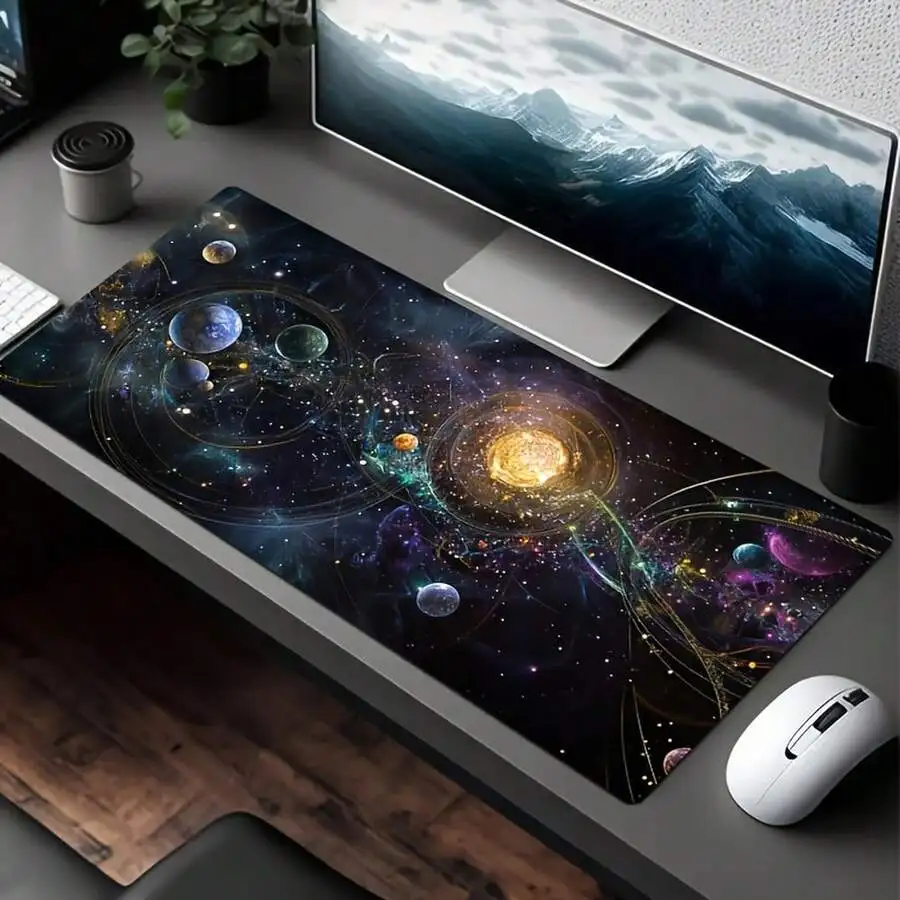 Oversized Gaming Mouse Pad With UV Reactive Rubber Base Washable Polyester Space Galaxy Design