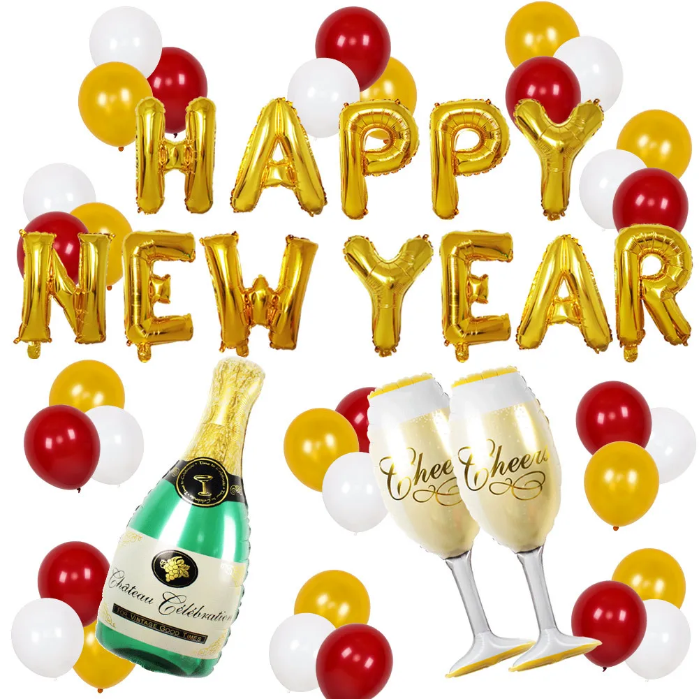 

2022 new year Balloon Set New Year letter wine glass bottle New Year party decoration new year's day annual meeting Balloon Set