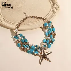 GuanLong Vintage Multi Layer Bead Chain Necklace For Women Big Gold Color Starfish Pendant Necklace Summer Beach Fashion Jewelry