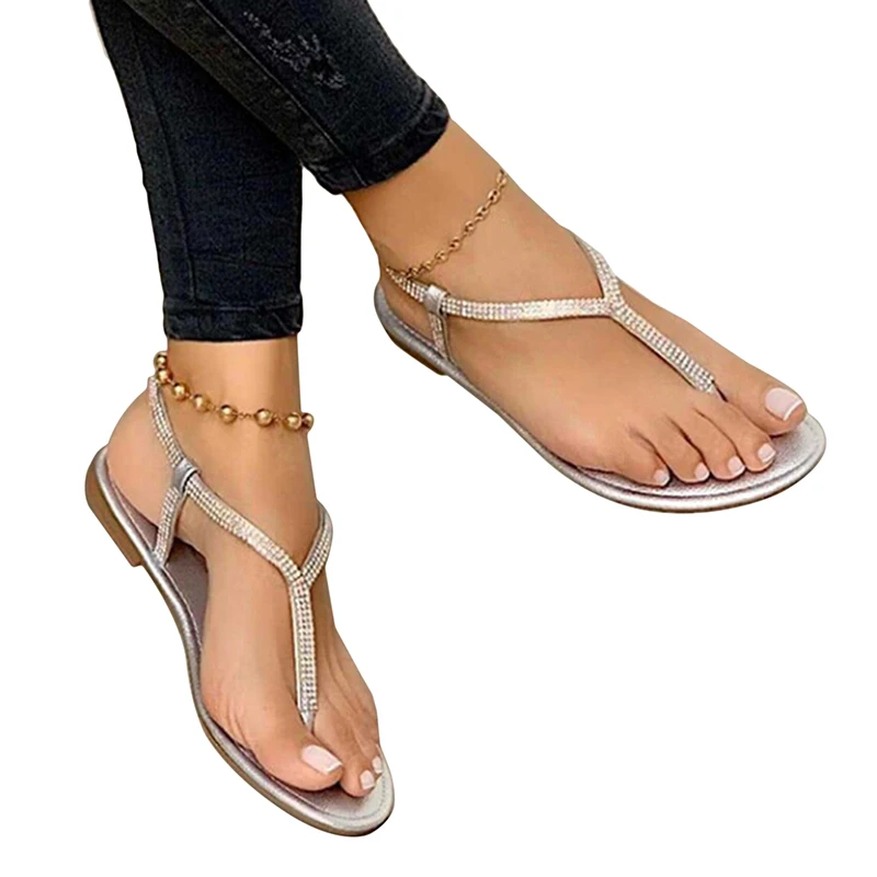 Comemore Summer New Rhinestone Flat Roman Shoes Low Heel Sandals Women Plastic Sandals Beach Flip Flops 43 Women\'s Casual Shoes