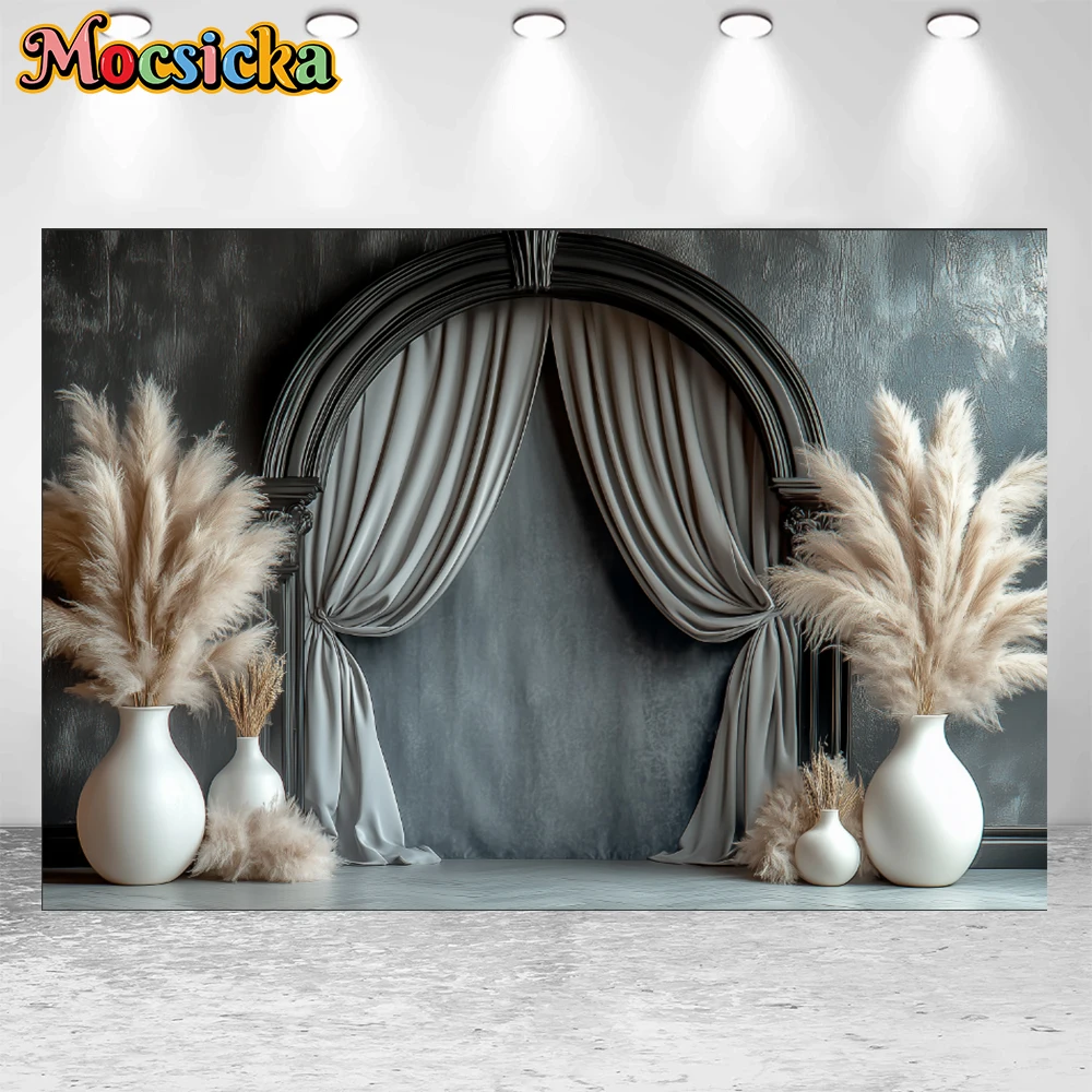 Mocsicka Pink Wall Arch White Curtains Floral Floor Vase Surreal Minimalist Octane Render 3D Lighting Photography Background