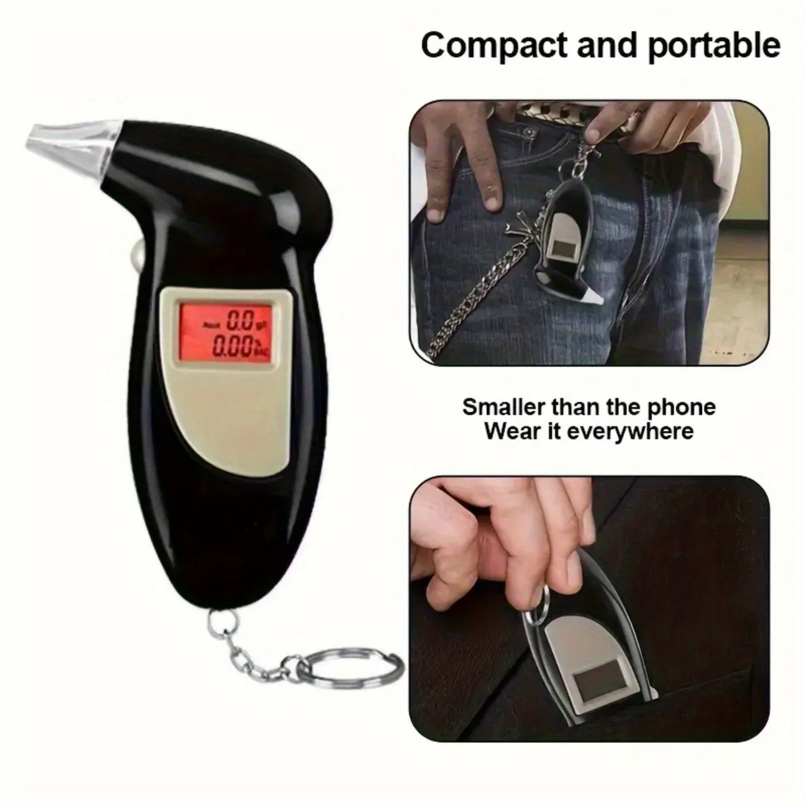 Alcohol Tester Handheld Breathalyzer, Universal Type for Automotive Accessories (Battery Not Included)