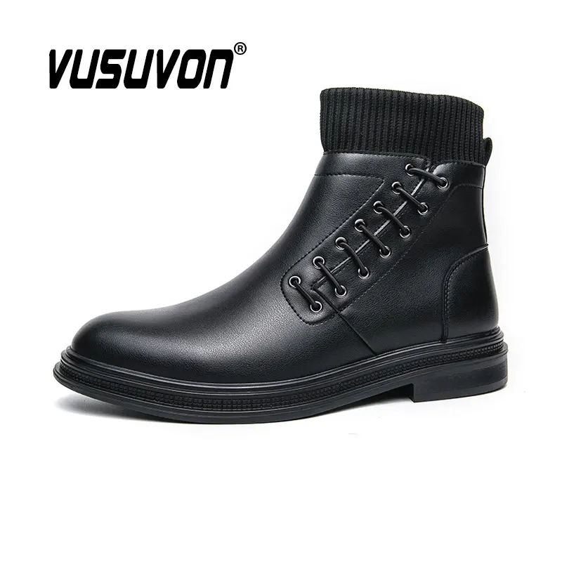 Fashion Men Boots Retro Winter Warm Black Casual Shoes ZIP Party Street Boys Leather & Mesh Big Size 38-45