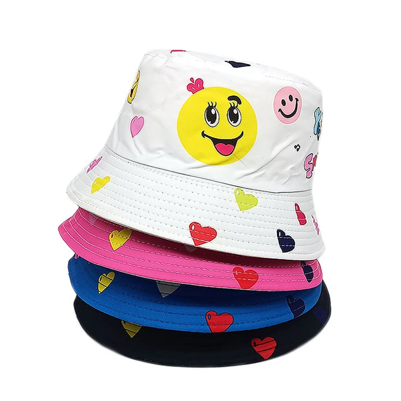 Bocca Smile Face Children Bucket Hat Boys Girls Kids Cartoon Printing Fisherman Hats Double Sides Panama Cap Summer Outdoor Sun