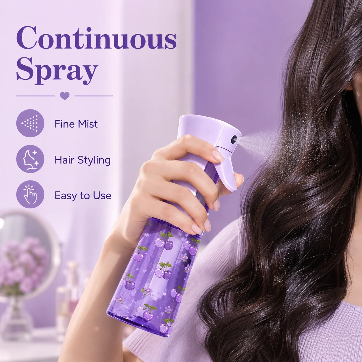 200/300ML Purple Cherry Continuous Mist Spray Bottle Refillable Fine Mist Water Sprayer for Hair Face Plants Home Travel