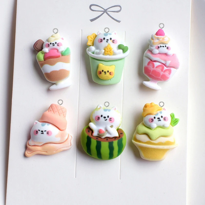 만화 고양이 케이크 송진 참, 귀여운 수박 아이스크림 펜던트, 귀걸이 키 체인, DIY 쥬얼리 제작, 10 개, 12 개