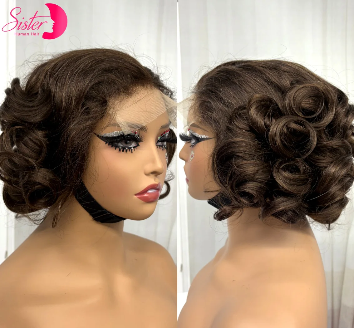 

Chocolate Brown Loose Fumi Human Hair Wigs 250% Density 5x5 Transparent Lace Closure Bouncy Curly Wigs for Women PrePlucked Remy