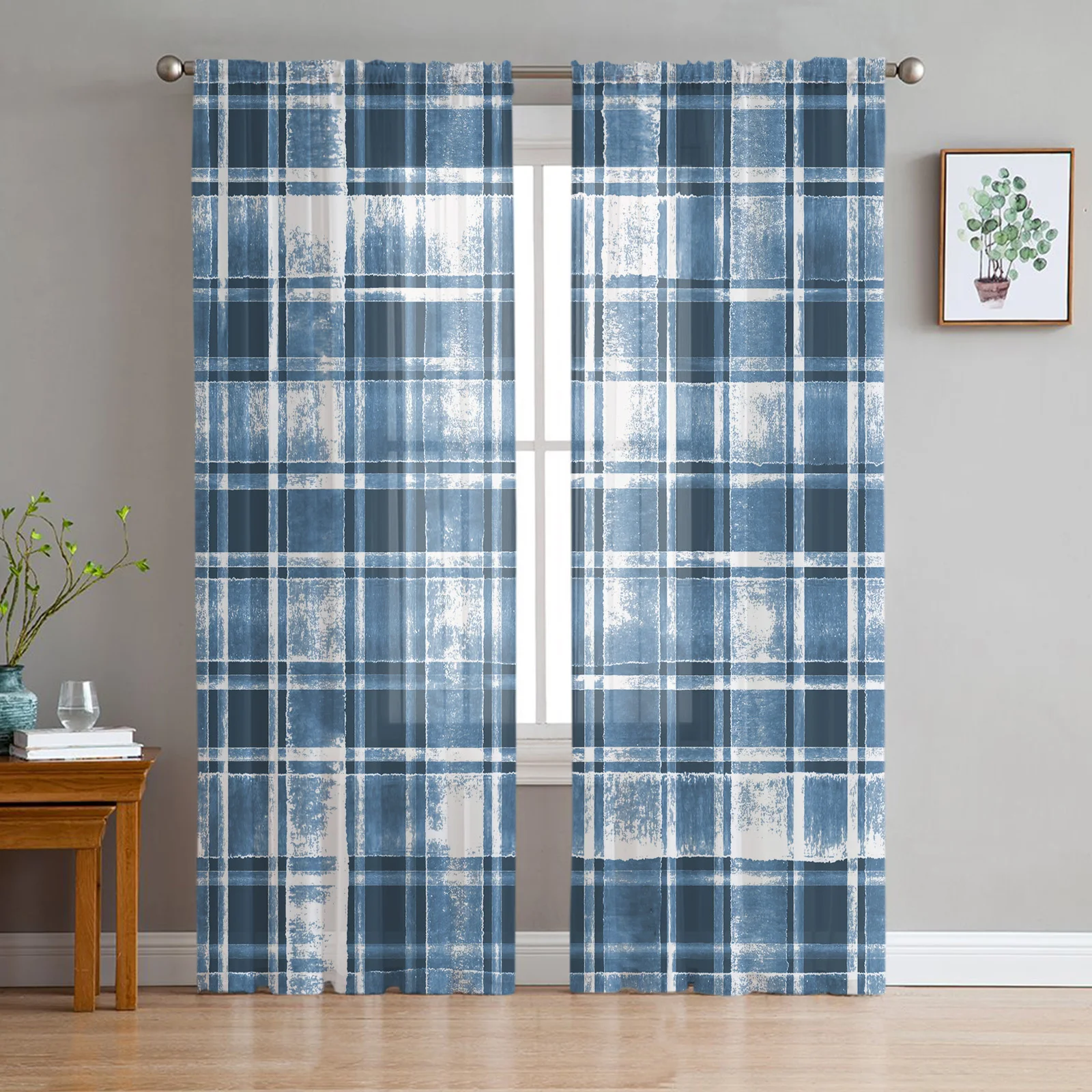 Blue Watercolor Texture Check Pattern Sheer Curtains For Living Room Window Voile Tulle Curtain Bedroom Kitchen Decoration