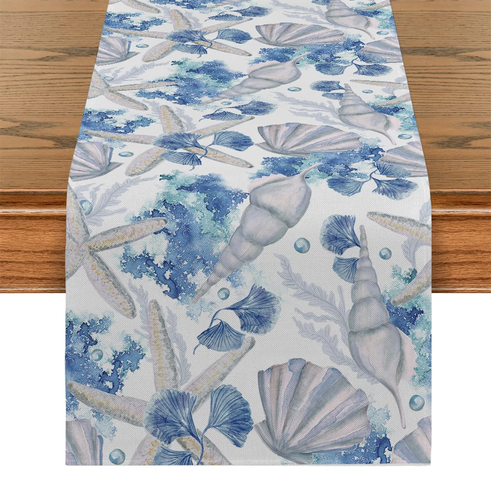 Sea Creature Pattern Polyester Table Runner - Nautical Style Decor for Dining Table, Chic Home & Coastal Themed Party Decoration