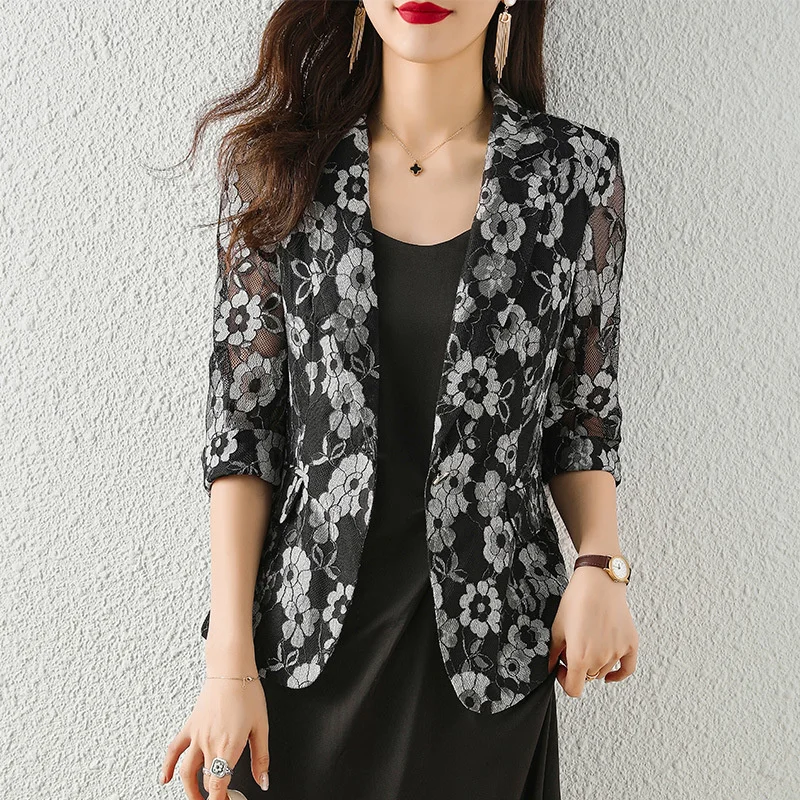 Lace Embroidery Hollow Three-quarter Sleeves Casual Blazers Suit Female Outwear Tops 2026 Spring Summer New Women Blazer Jacket
