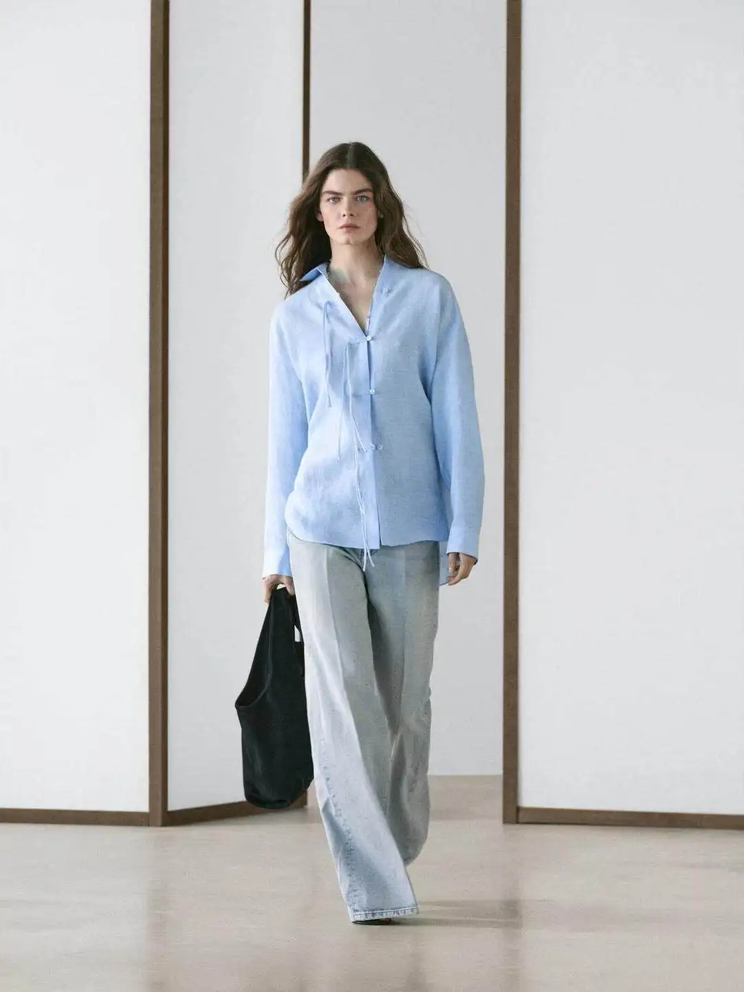 Casual Fashionable New Chinese Mixed Fabric Long Sleeve Shirt Women's Straight Cut Polyester Fiber Breathable Summer Shirt