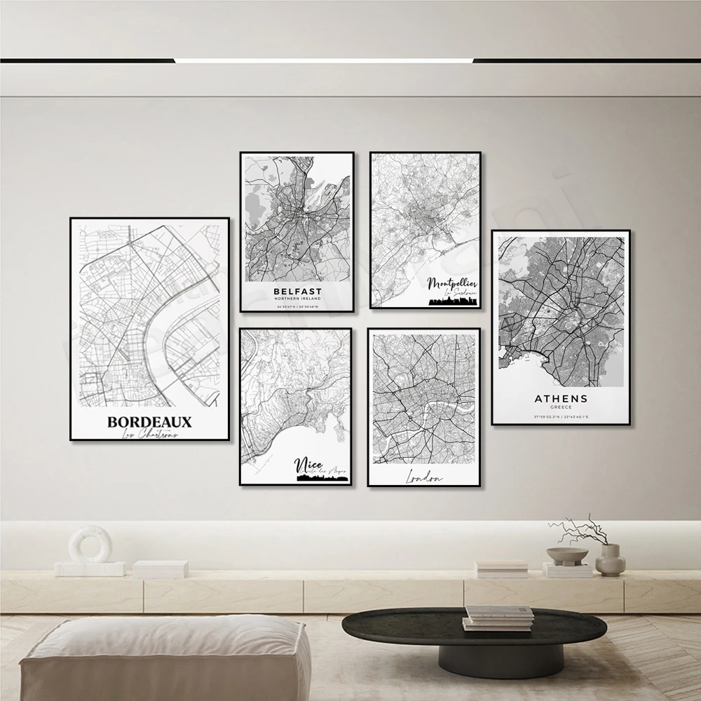 Amsterdam, Northern Ireland Belfast, Athens Greece, Montpellier, Nice city, France, Europe, Bordeaux city original map poster