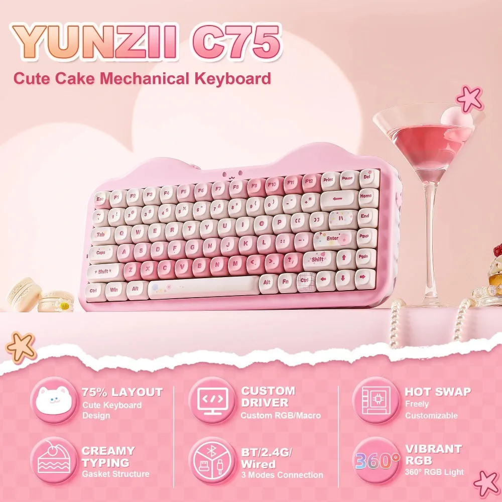 YUNZII C75 لوحة المفاتيح الميكانيكية ثلاثي الوضع اللاسلكية RGB بيئة العمل طوقا ألعاب لوحة المفاتيح الساخن مبادلة لطيف تصميم الألعاب الملحقات