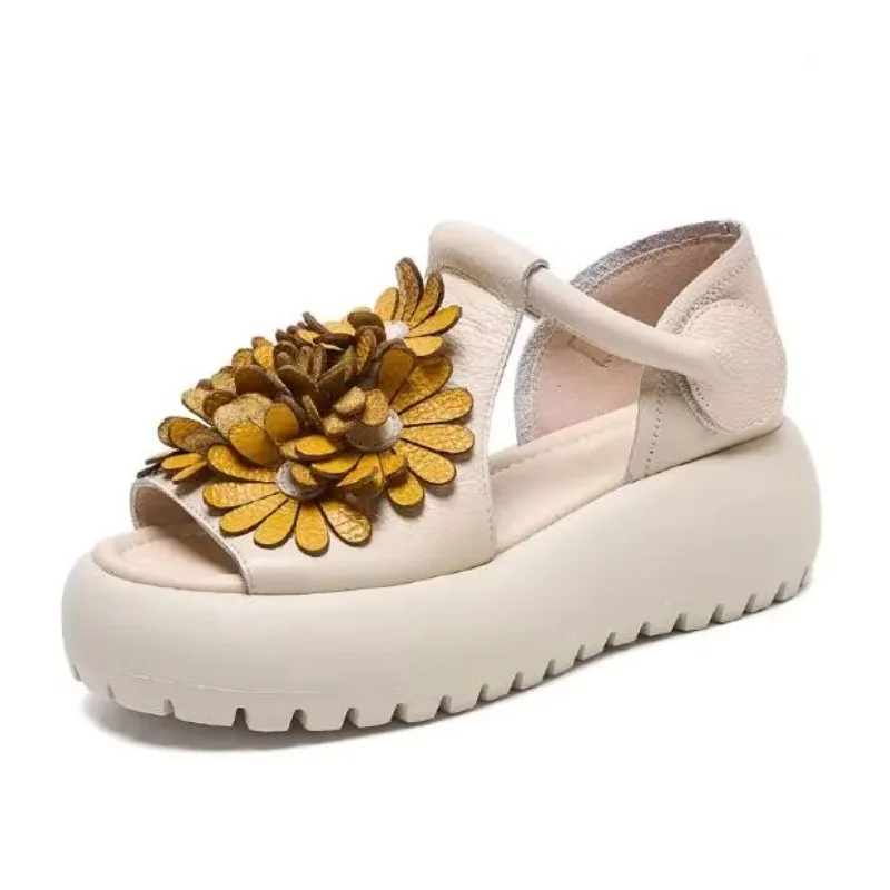 2026 Women Genuine Leather Wedges Heel Sandals Summer Open Toe Shoes Thick Sole Platform Flower Comfort Casual Sandals