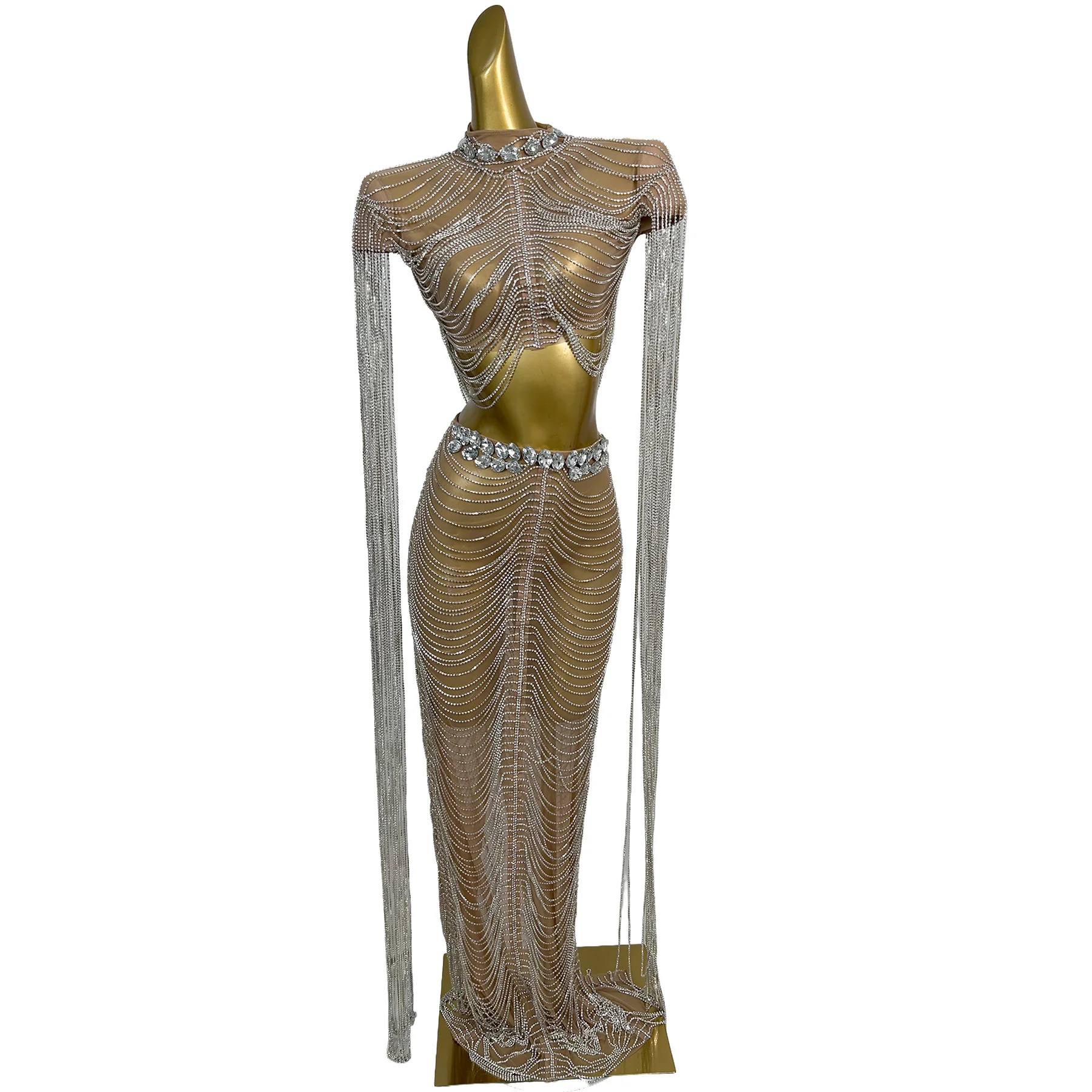 Dongche Women Silver Rhinestone Fringe Sheer Mesh Maxi Dress High Neck Long Tassel Singer Stage Performance Party Costume Outfit