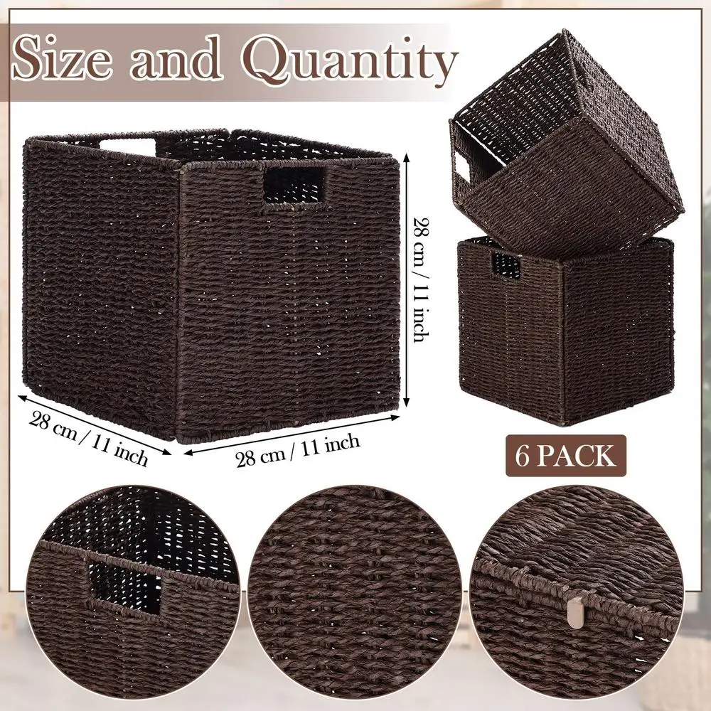 6-Pack Hand-Woven Willow Rattan Storage Baskets Collapsible Wicker Cube Bins 11x11x11 Inch