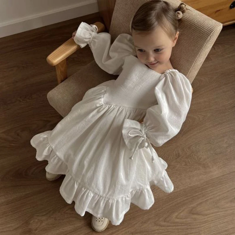 Spring and Autumn Girls Palace Outgoing Princess Dress European and American Cotton and Hemp Lolita Dress Classic White Dress