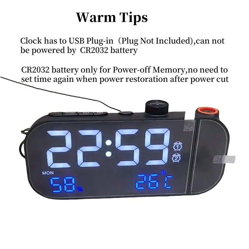 180° Projection Digital Alarm Clock TEMP Humidity Week Dual Alarm Adjustable Volume Snooze Table Clock 12/24H FM Radio LED Clock