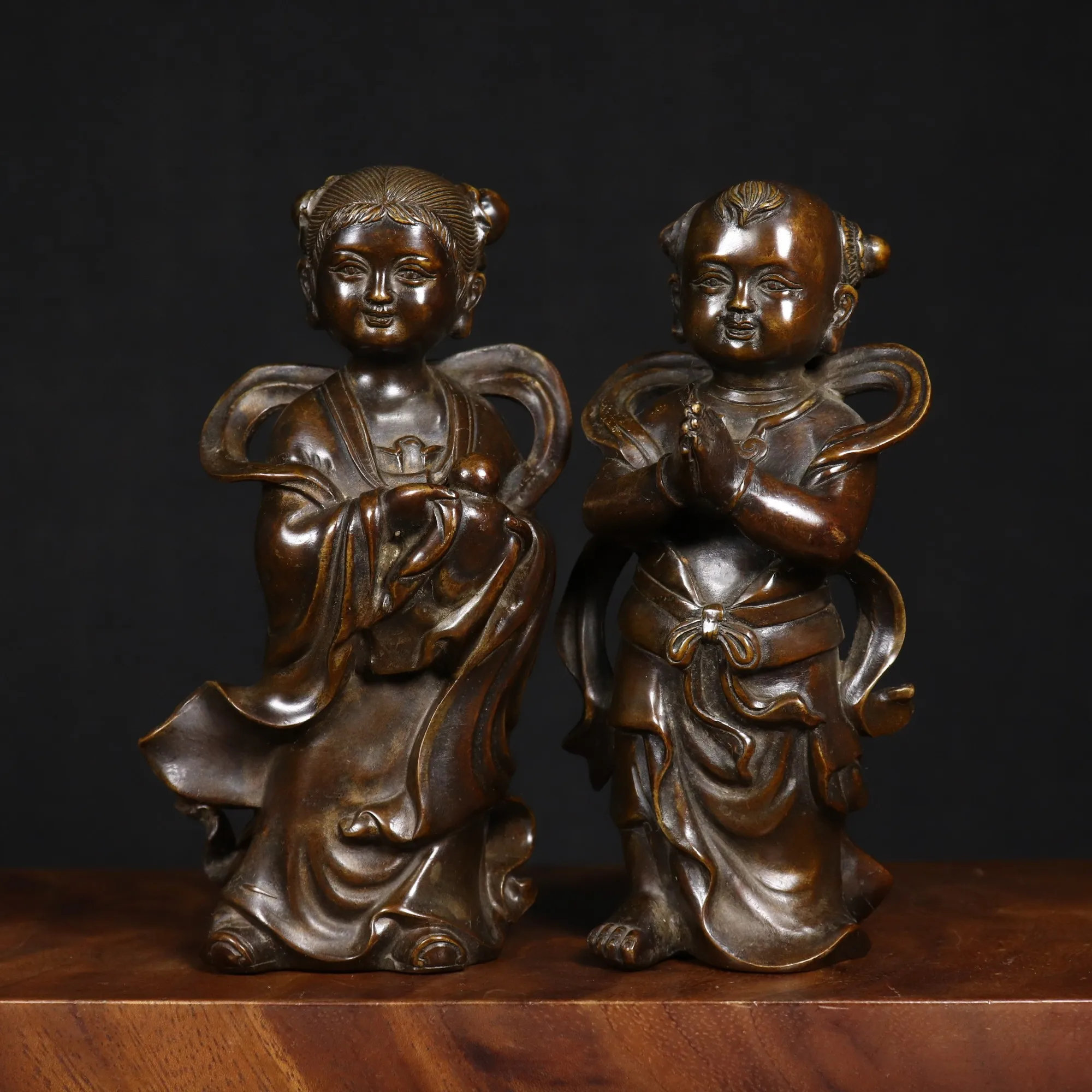

Antique-Style Pure Copper Wealth Boy and Girl Statues - High-Quality Home Decor Figurines, Exquisite Craftsmanship