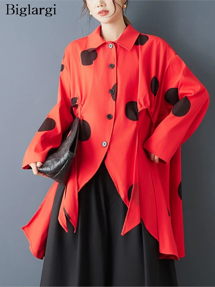 

Oversized Fall Shirts Women Irregular Polka Dot Print Fashion Long Sleeve Ladies Blouses Casual Loose Woman Shirt Tops