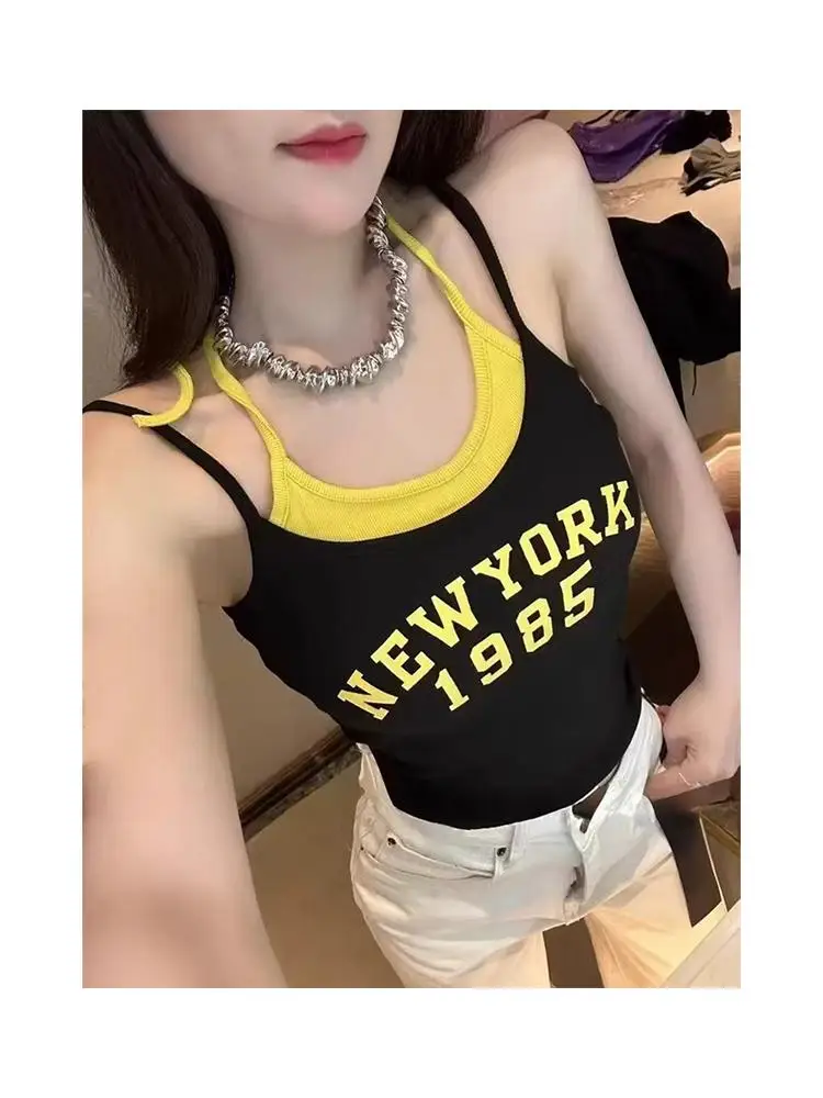 

Spicy Girl Letter Print ort Crop Top Women's Summer Outerwear with Chest Pad ter Vest Trendy Dopane Sle