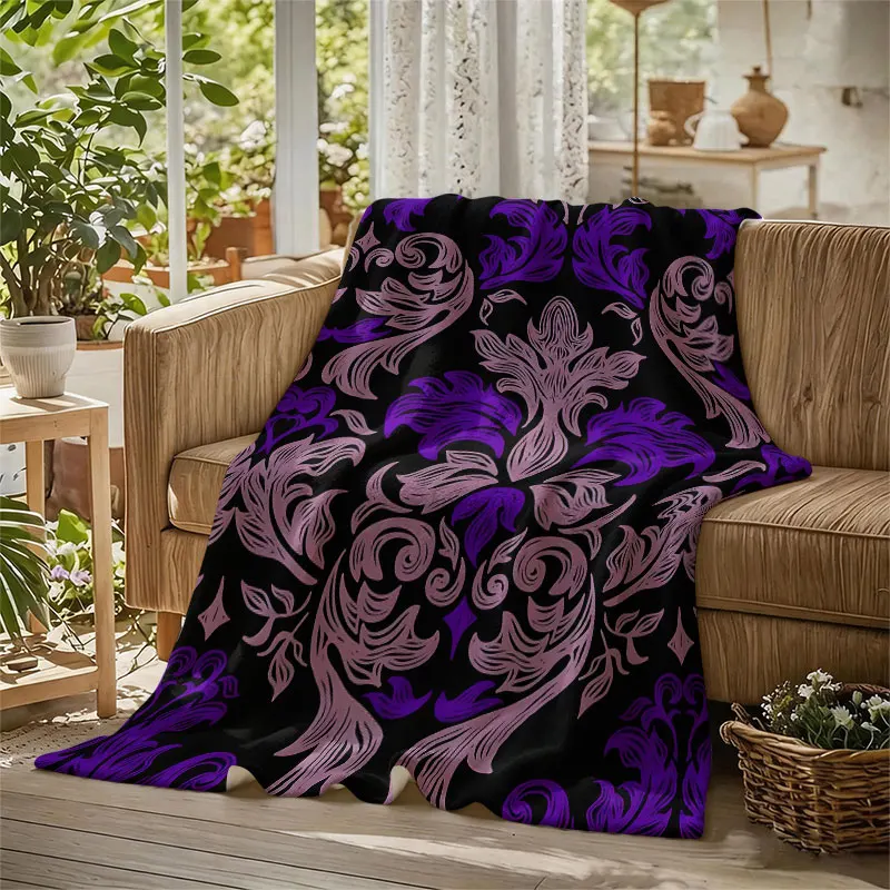 Damask Floral Purple Black Flannel Blanket Perfect for Sofa Office Bed Travel Sleep Read Relax Camping Four Season Use