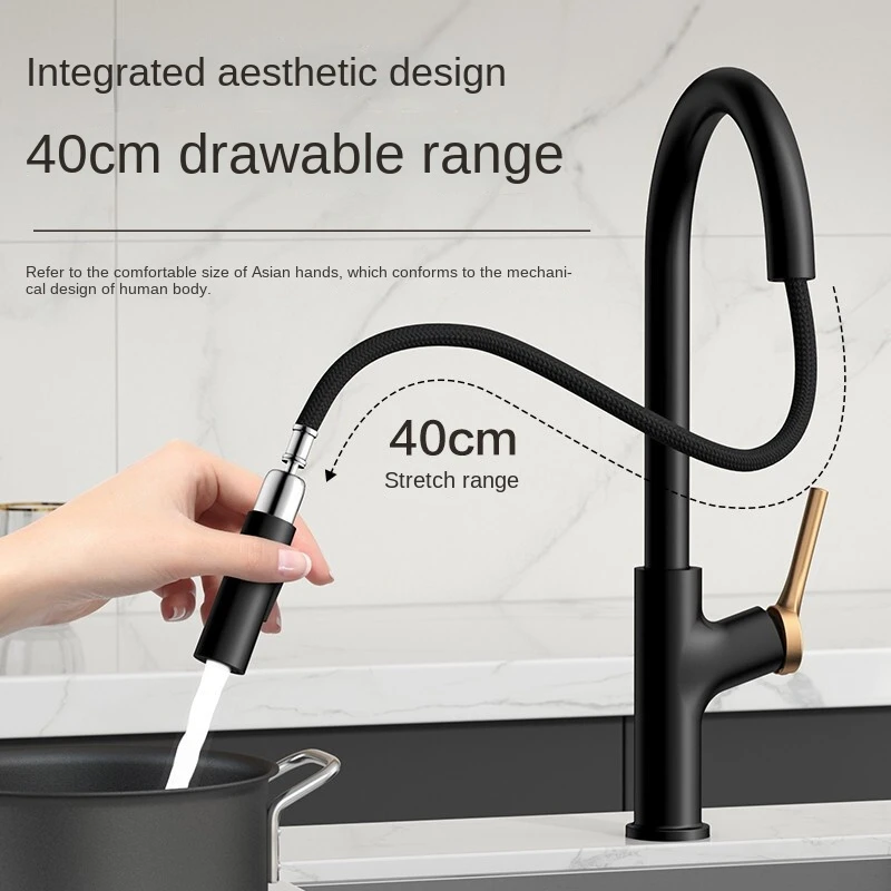 DQOK New Design Brass Kitchen Tap Pull Down Black Gold Single Handle Kitchen Sink Faucet