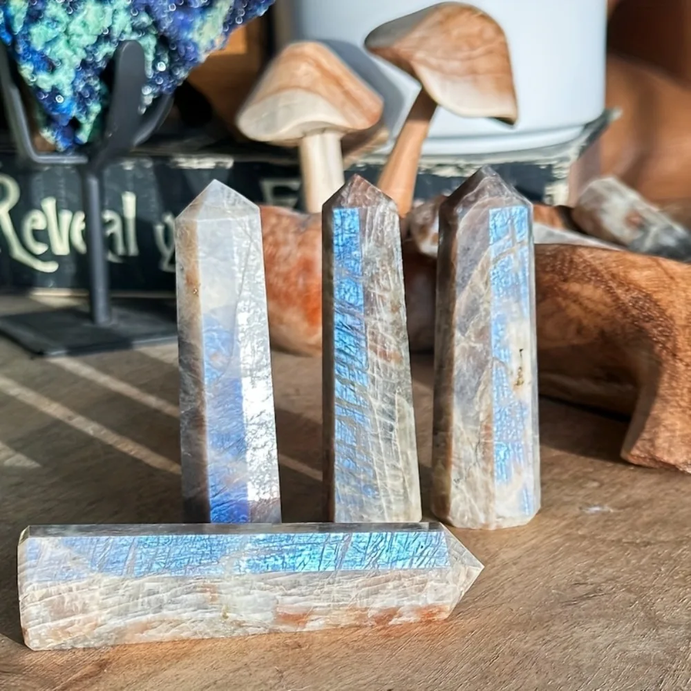 1pc Blue Moonstone Tower, Blue Flash Crystal Obelisk- Iridescent Shimmering Blue Flashing, Elegant point for Home/Office Decor