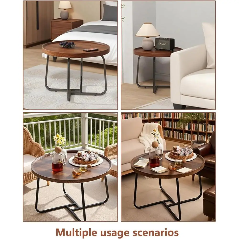 ウォールナット20 ラウンド木製トップコーヒーテーブル、金属製の脚付き、リビングスペース、寝室、オフィス、屋外エリア用