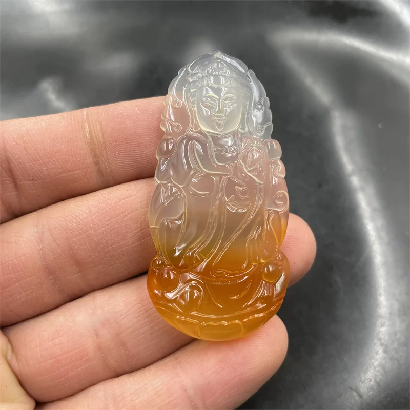 Cheap Jade Pretty Yellow Chalcedony Agate Big Avalokitesvara Pendant Half Yellow Agate Station Guanyin Flame Guanyin