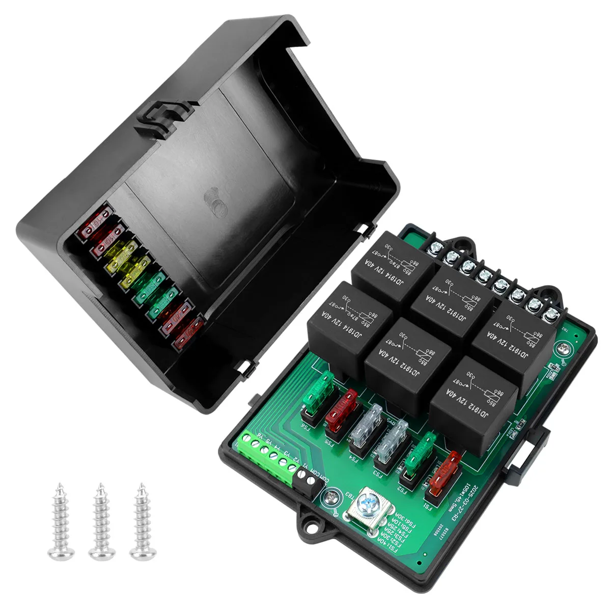 12V/40A Car Fuse Relay Box, LED Light and Relay Module, with 6-Way Relay and 14 Medium Fuse Blades