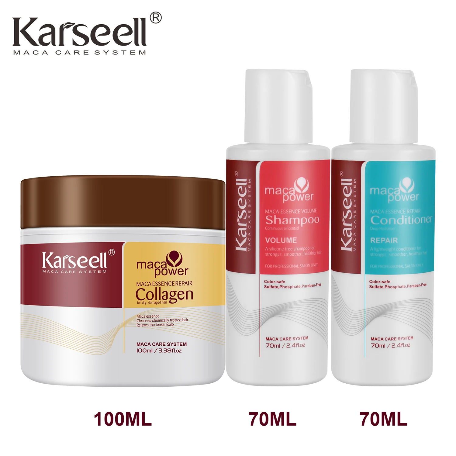 Karseell Tratamento capilar de colágeno Condicionador de reparo profundo, máscara capilar Shampoo e condicionador Conjunto de viagem para cabelos secos e danificados